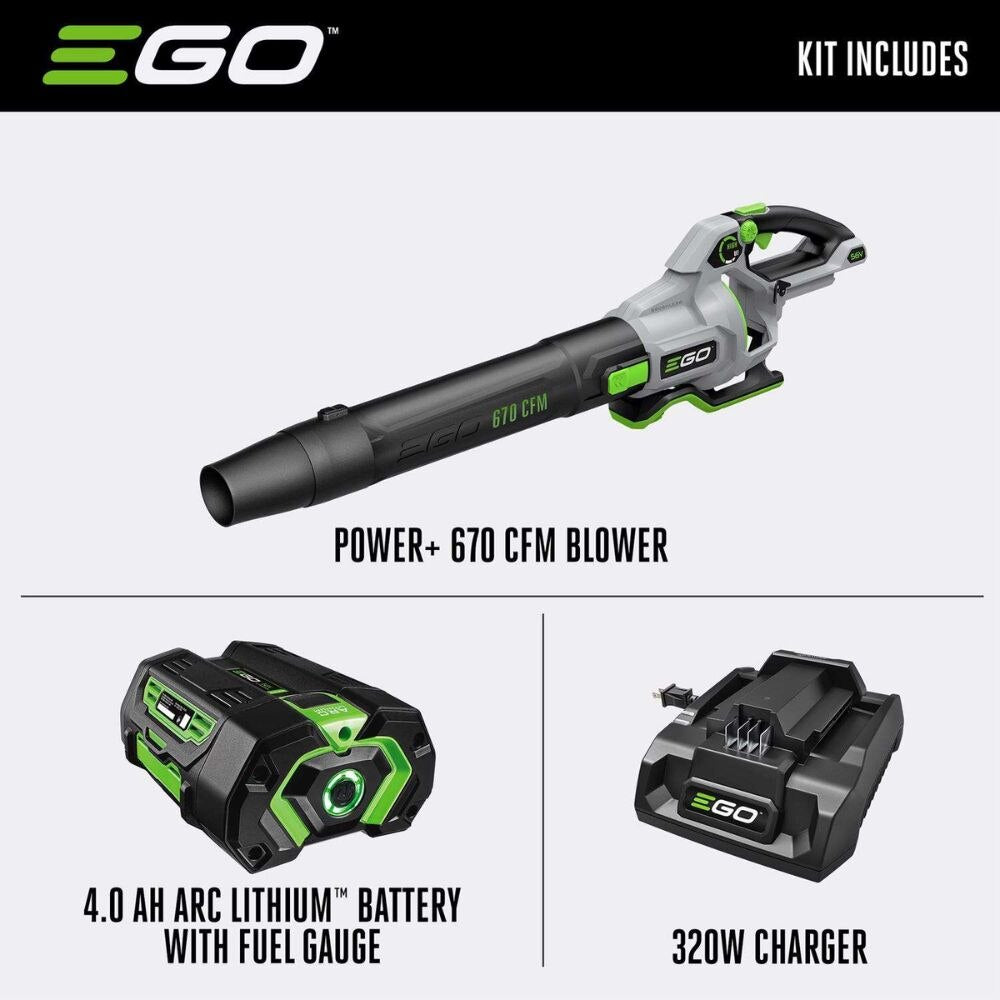 EGO LB6703 670CFM Handheld Blower Kit (4.0Ah Battery,320W Charger, w/ 1*flat nozzle, 1*cone nozzle)