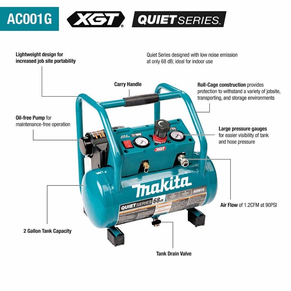 Makita AC001GM1 40V max XGT Brushless Cordless 2 Gallon Quiet Series Compressor Kit (4.0Ah)
