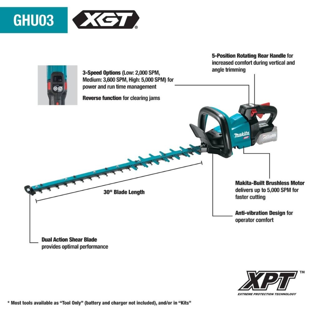 Makita GHU03M1 40V max XGT Brushless Cordless 30" Hedge Trimmer Kit, with one battery (4.0Ah)