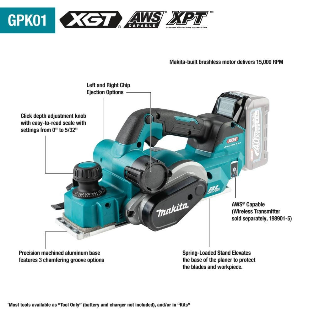 Makita GPK01Z 40V max XGT Brushless Cordless 3-1/4" Planer, AWS Capable, Tool Only