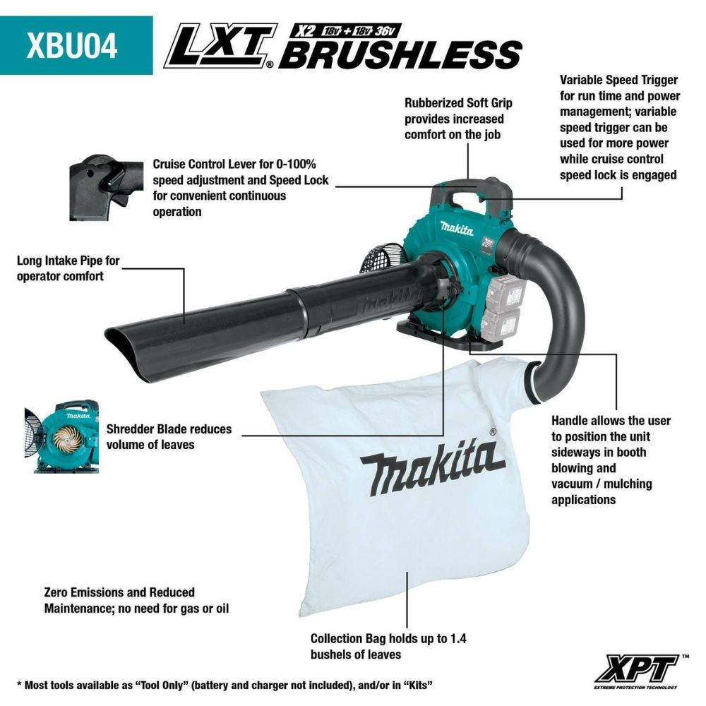 Makita XBU04ZV 36V (18V X2) LXT Brushless Blower with Vacuum Attachment Kit (Tool Only)