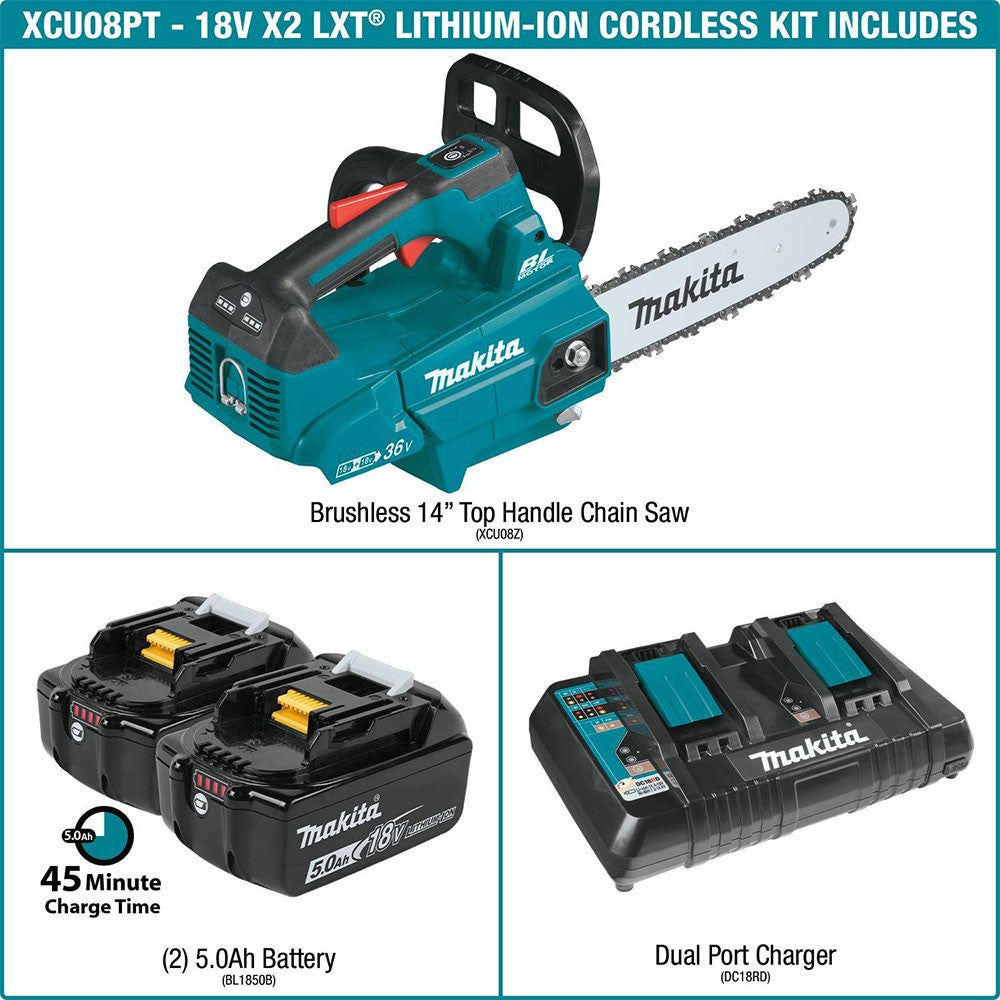 Makita XCU08PT 18V X2 (36V) LXT Brushless 14" Top Handle Chain Saw Kit