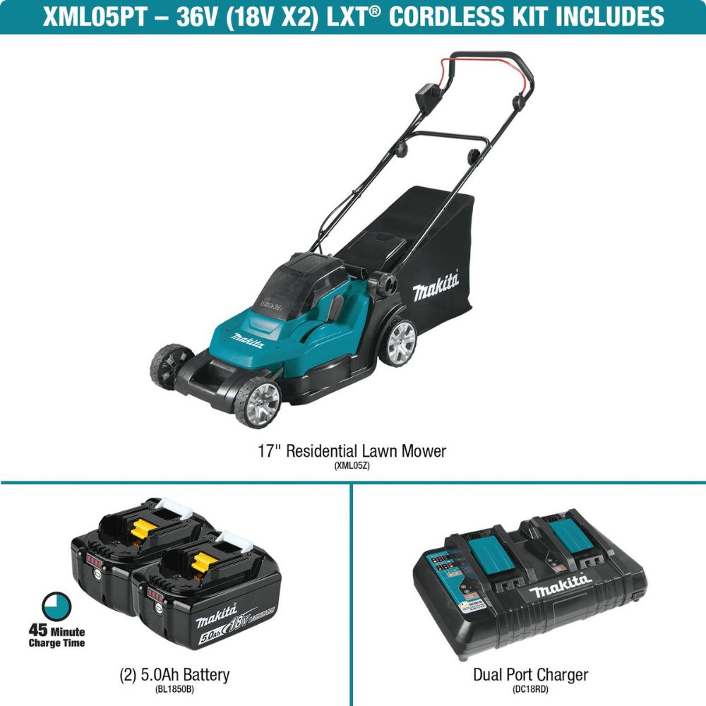 Makita XML05PT 36V (18V X2) LXT 17" Residential Lawn Mower Kit, dual port charger (5.0Ah)