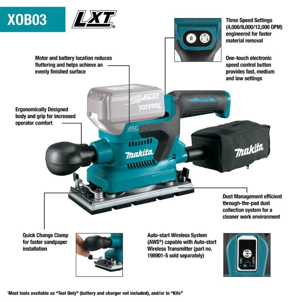 Makita XOB03Z 18V LXT Lithium-Ion Brushless Cordless 1/3 Sheet Finishing Sander, AWS Capable (Tool Only)