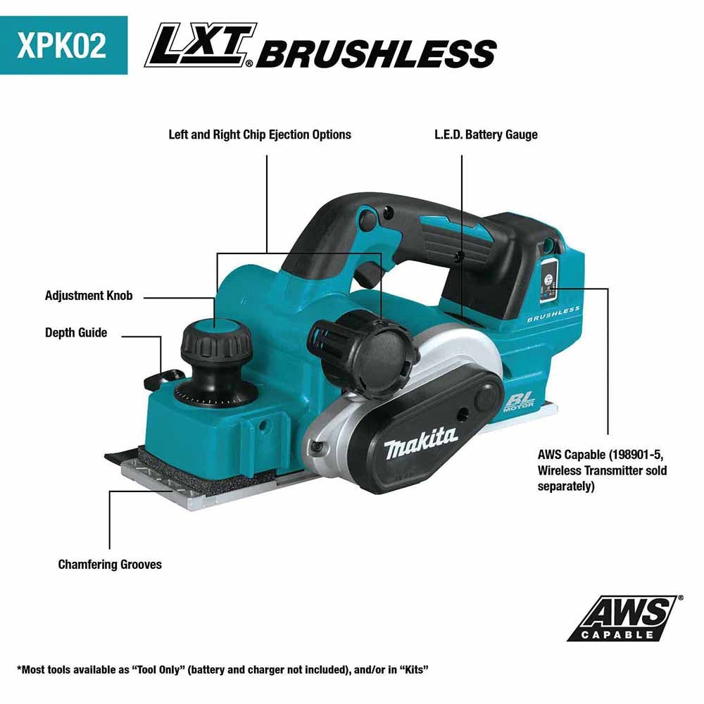 Makita XPK02Z 18V LXT Lithium-Ion Cordless 3-1/4" Planer, AWS™ Capable (Tool Only)