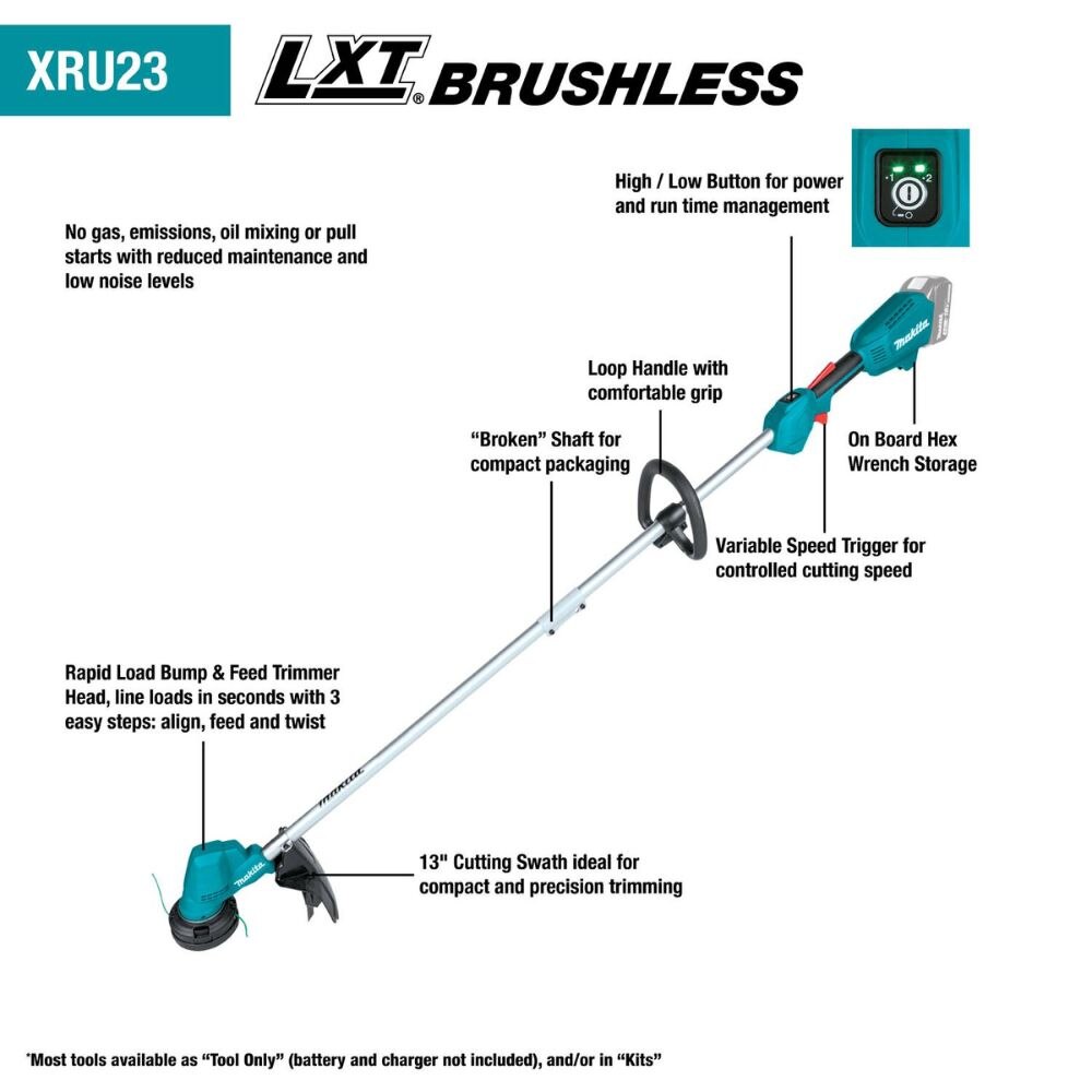 Makita XRU23SM1 18V LXT Lithium-Ion Brushless Cordless 13" String Trimmer Kit, with one battery (4.0Ah)
