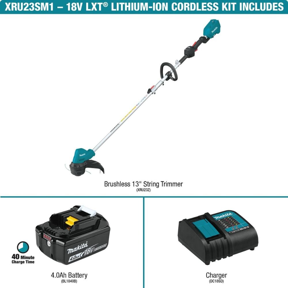 Makita XRU23SM1 18V LXT Lithium-Ion Brushless Cordless 13" String Trimmer Kit, with one battery (4.0Ah)