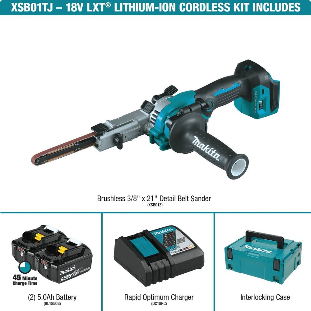Makita XSB01TJ 18V LXT Lithium-Ion Brushless Cordless 3/8" x 21" Detail Belt Sander Kit, Bag (5.0Ah)