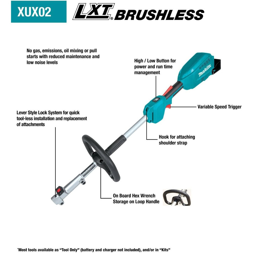 Makita XUX02SM1X6 18V LXT Brushless Couple Shaft Power Head Kit w/ String Trimmer, Pole Saw, Art. Hedge Trimmer & Blower Attachments (4.0Ah)