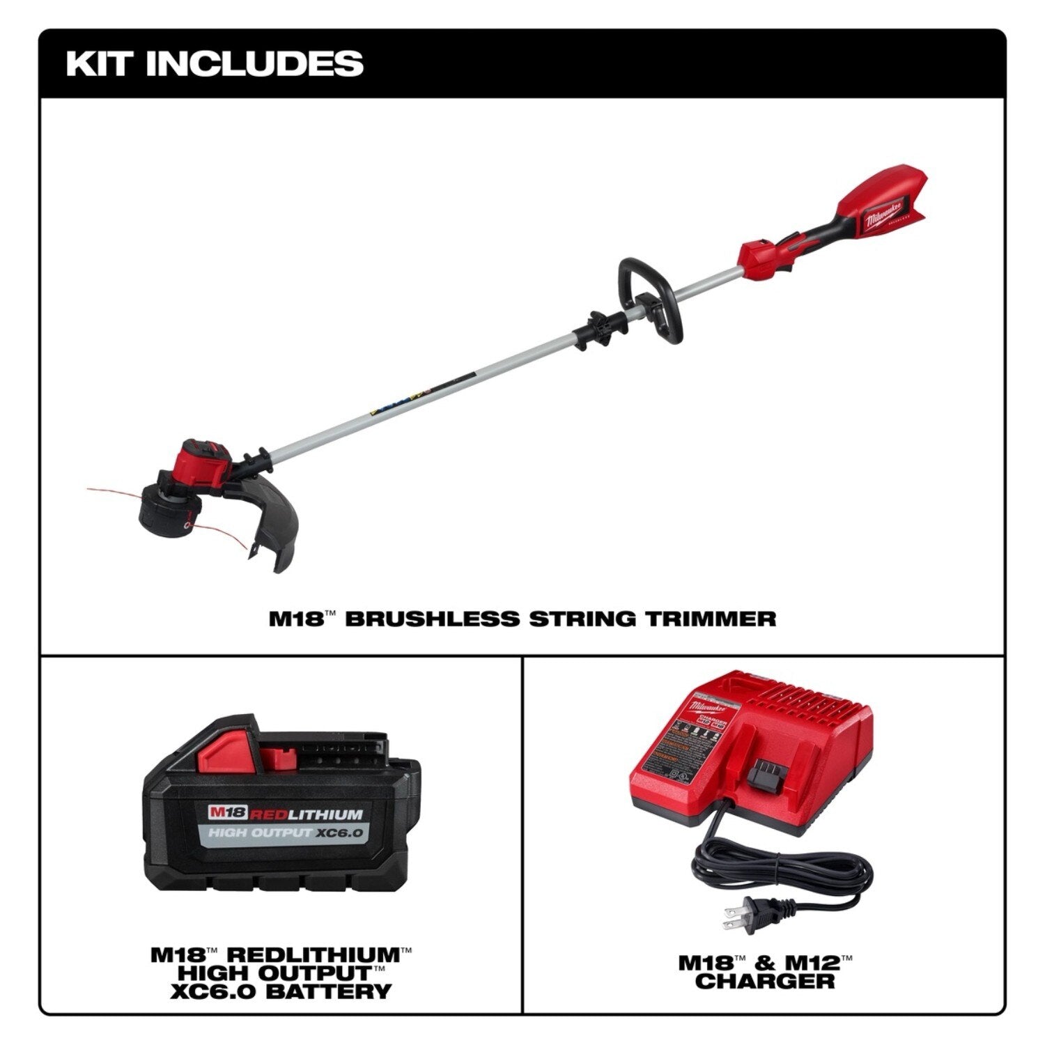 Milwaukee 2828-21E M18 Brushless String Trimmer Kit with 16 in. Cutting Swath and Easy Load Head (6.0Ah Battery)
