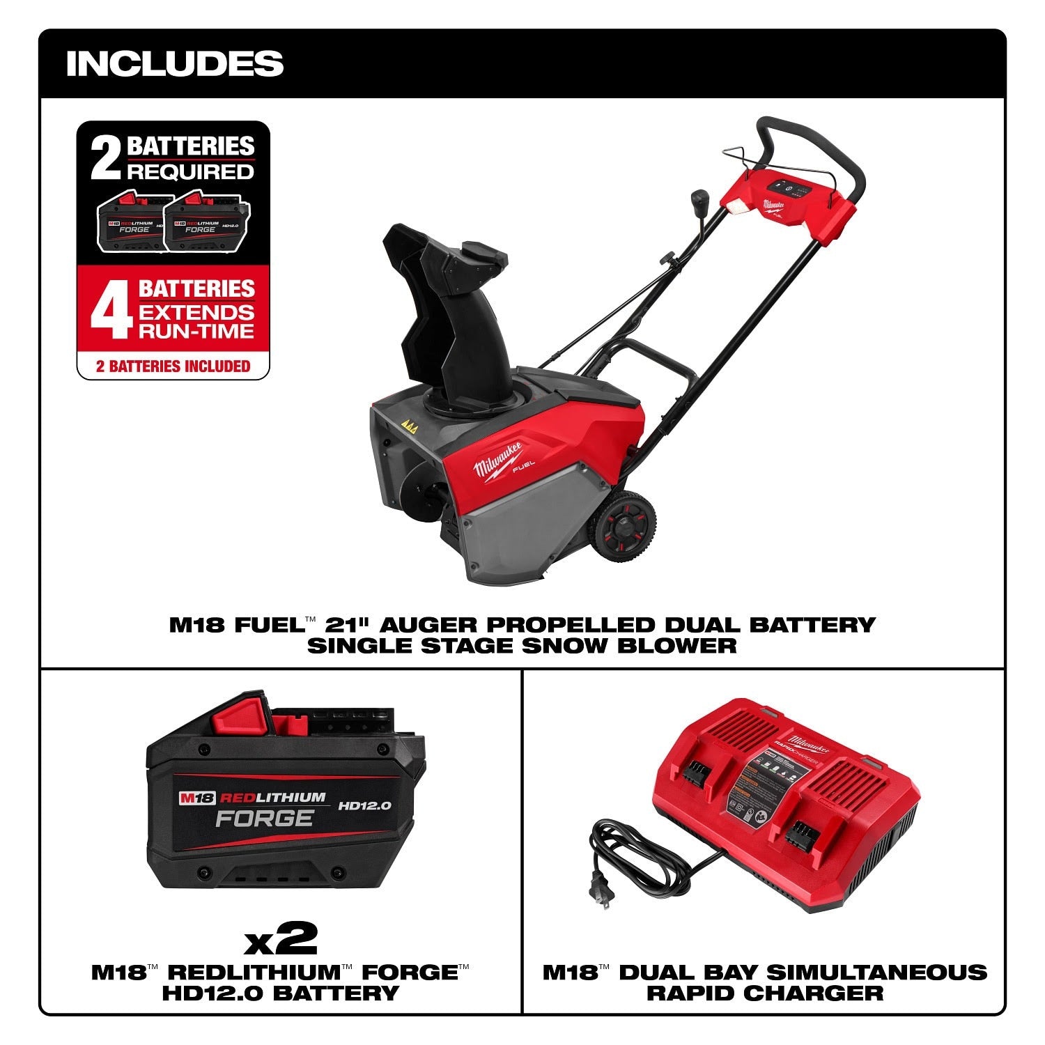 Milwaukee 3036-22HD M18 FUEL 21" Auger Propelled Dual Battery Single Stage Snow Blower Kit