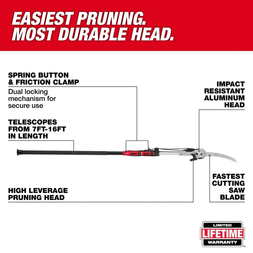 Milwaukee 48-22-9375 16' Pole Saw & Pruner – Telescoping Fiberglass & Aluminum Pole