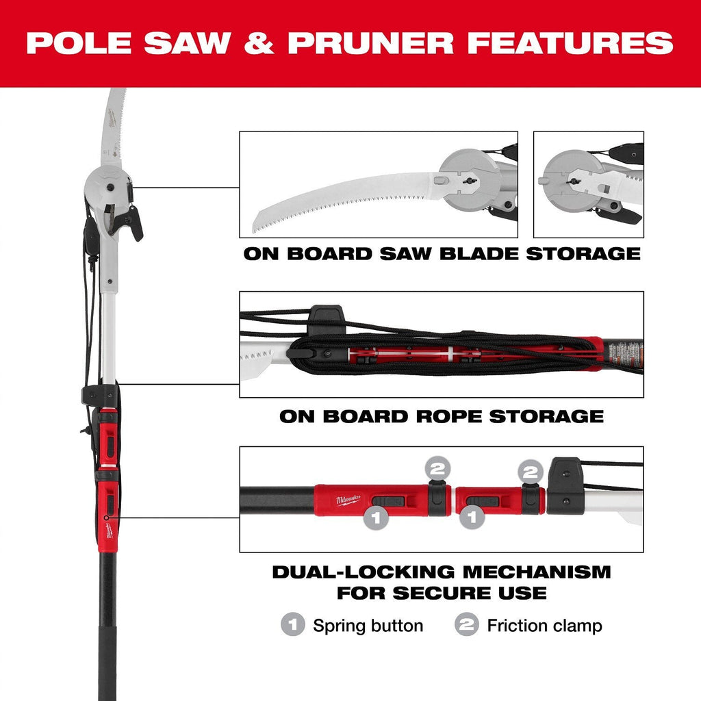 Milwaukee 48-22-9375 16' Pole Saw & Pruner – Telescoping Fiberglass & Aluminum Pole